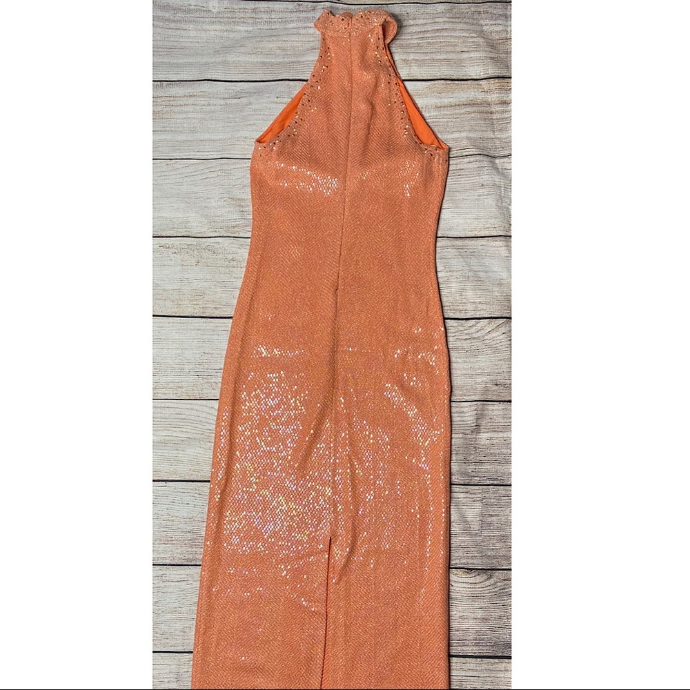 St. John Coral Orange Halter Maxi with Floral Neck Accent - Picture 2 of 13